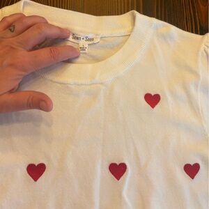 Sewn + Seen White short sleeve light sweater with Red Heart Motif